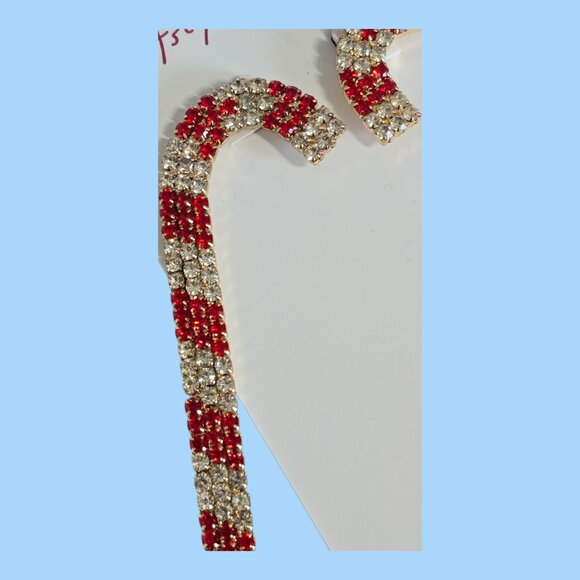 Betsey Johnson Long Candy Cane Red & White Rhinestone Dangle Earrings 5" Long - Picture 2 of 5
